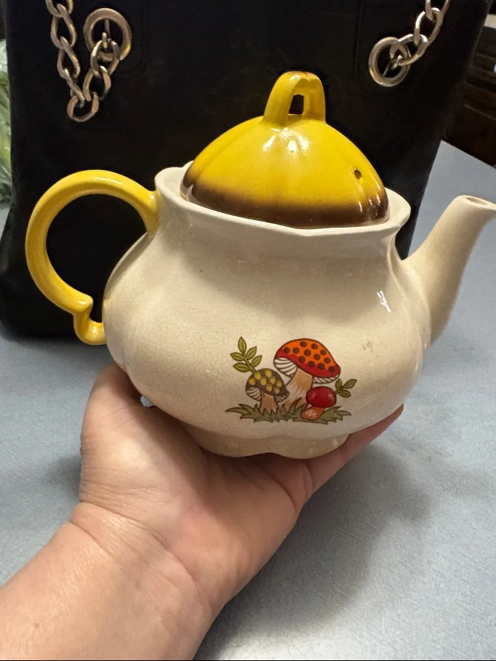 Vintage Mushroom Ceramic Teapot with Yellow Lid and Handle